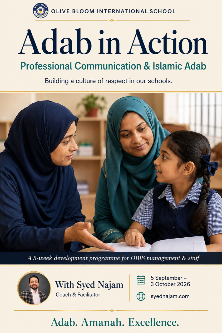 Poster for Adab in Action, a five-week online OBIS staff development programme