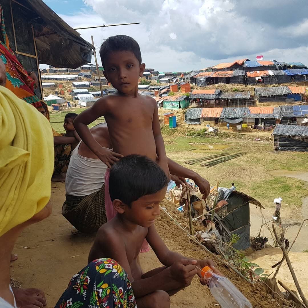 Children and families living in a Rohingya refugee settlement in Bangladesh